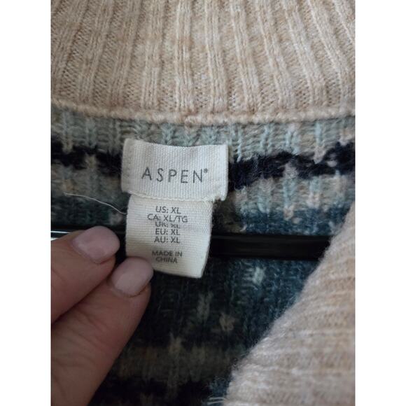 Aspen Sweater XL Tan Blue Fair Isle 1/4 Zip Nordic Knit Pullover - Picture 4 of 5